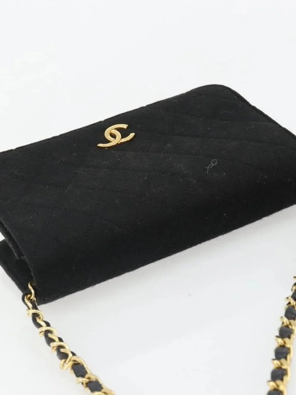 CHANEL Matelasse Chain Shoulder Bag Cotton Black Gold CC Auth 185197